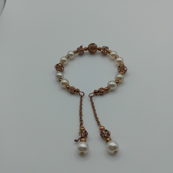 Y2K Women's Faux Pearl Gold Tone Dangle Charm Bracelet Rhinestone Bronze Jewelry - Picture 2 of 9